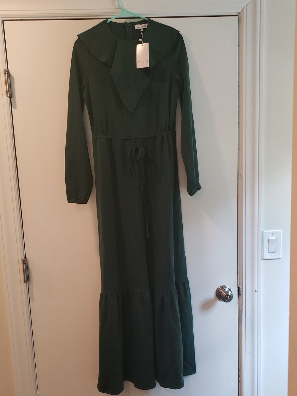 Long Sleeve Maxi Dress with Tie Waist - Dark Green